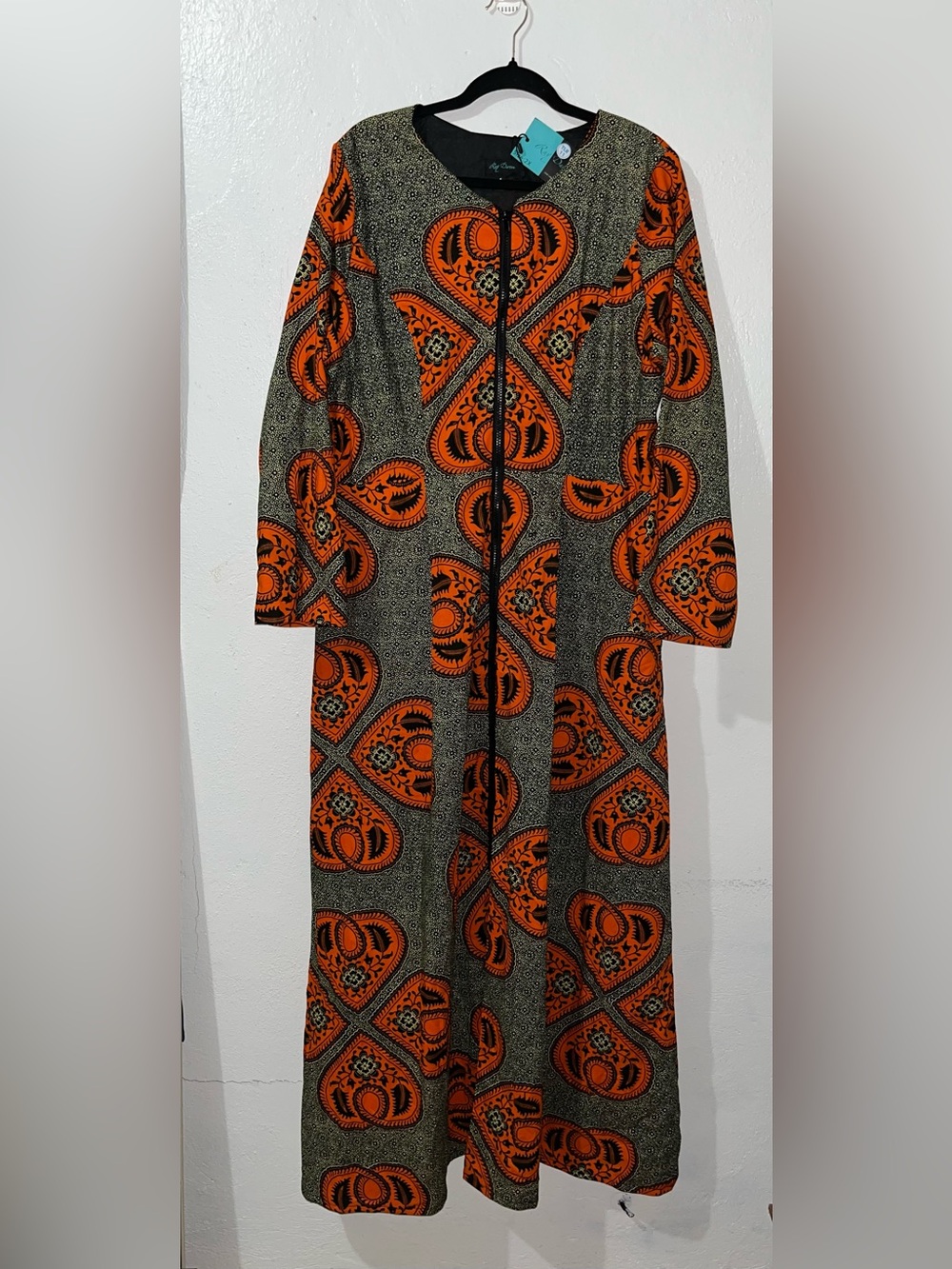 NWT Ray Darten Ankara African Print Maxi Jacket Dress Orange Black, Sz 2X **READ
